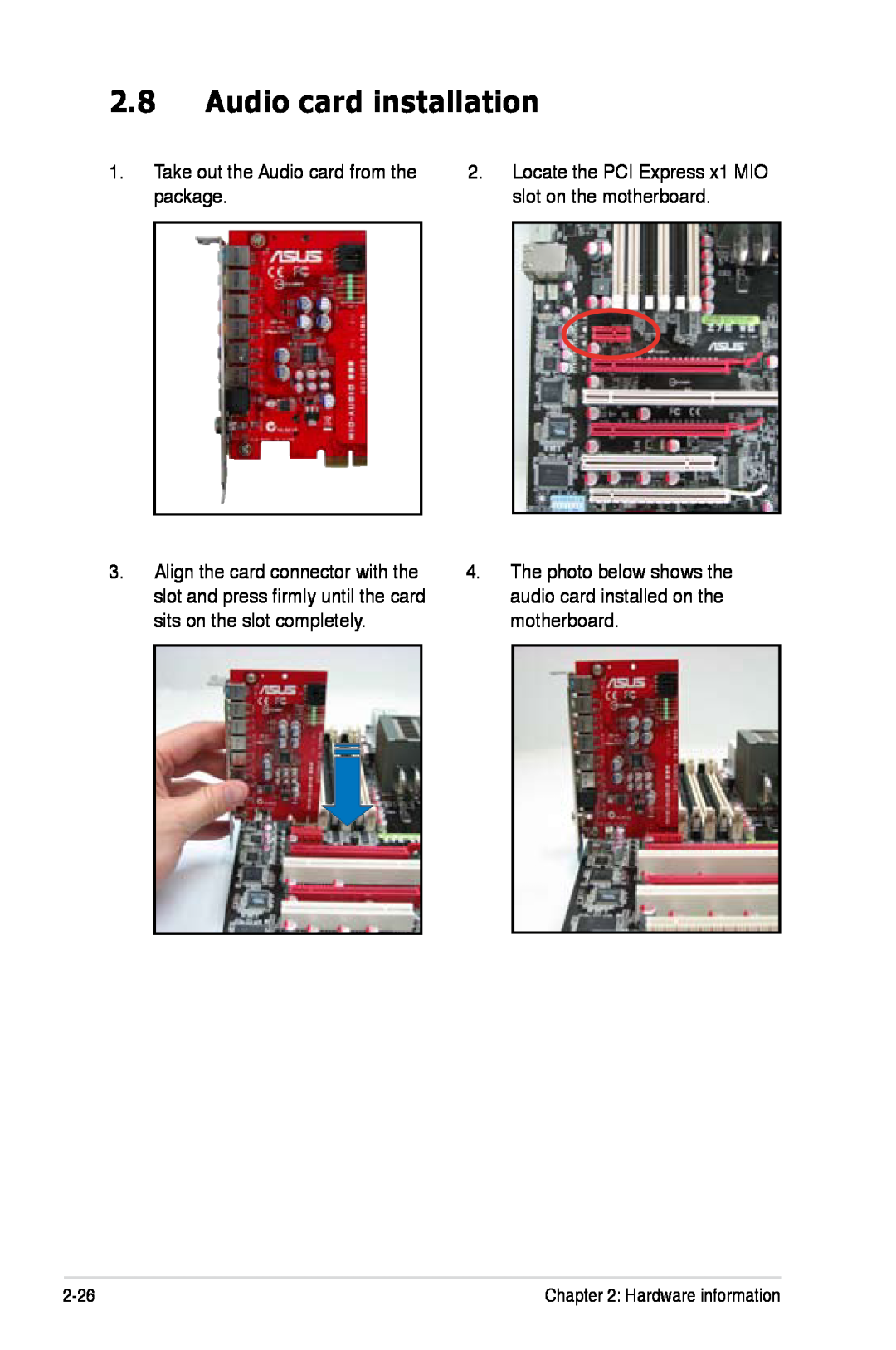 Asus Z7S WS manual Audio card installation, Take out the Audio card from the package, 2-26, Hardware information 