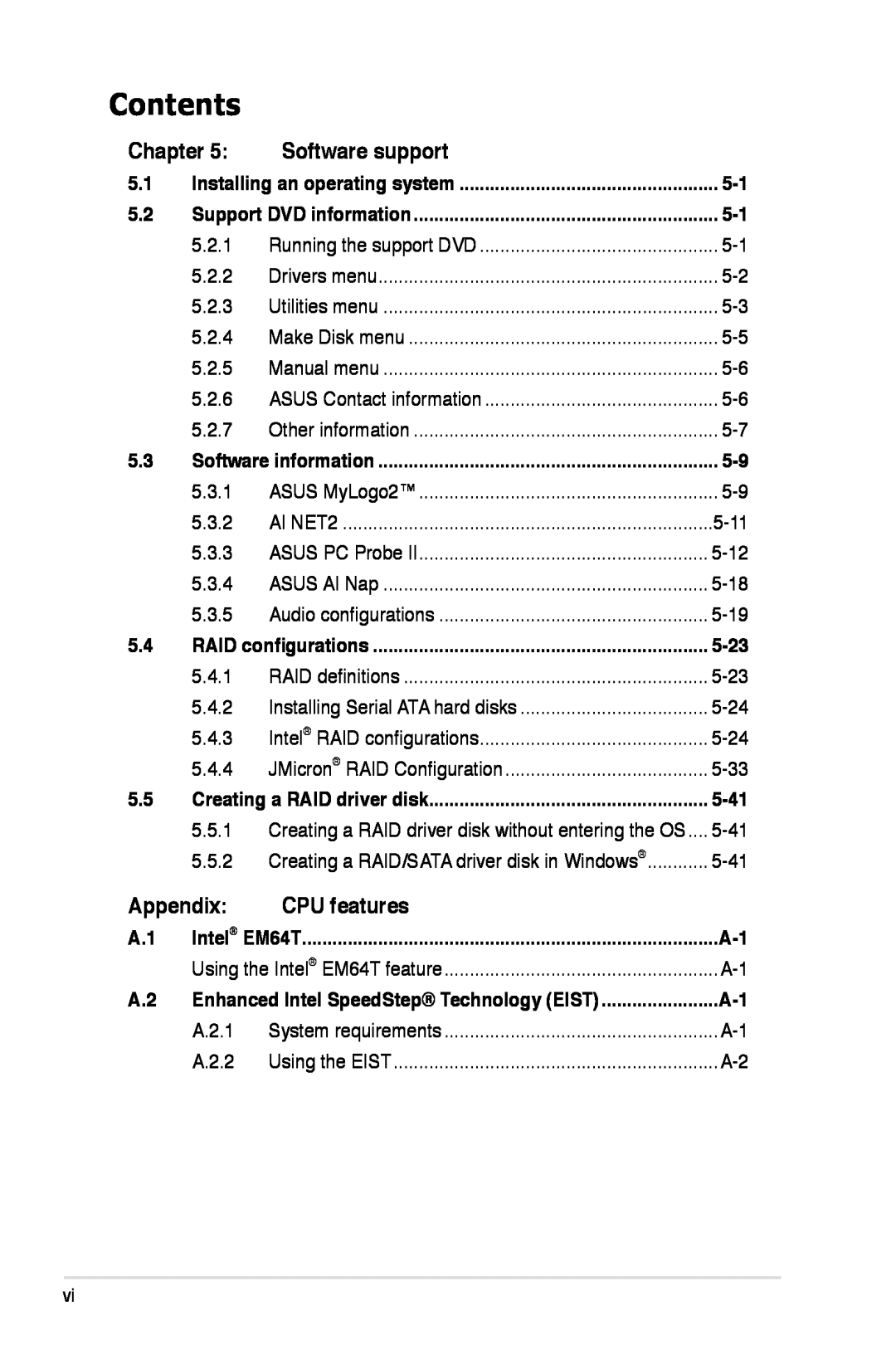 Asus Z7S WS manual Software support, Appendix, CPU features, A.2.1, A.2.2, Contents, Chapter 