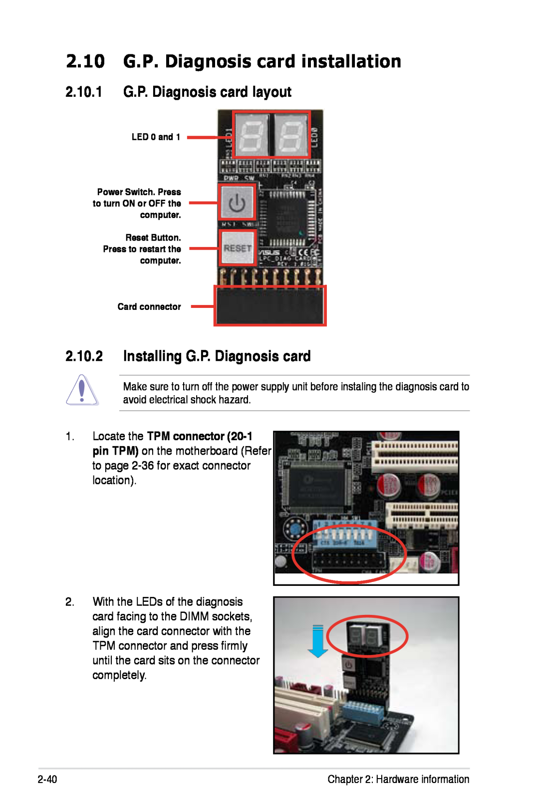 Asus Z7S WS manual 2.10 G.P. Diagnosis card installation, 2.10.1 G.P. Diagnosis card layout, Installing G.P. Diagnosis card 