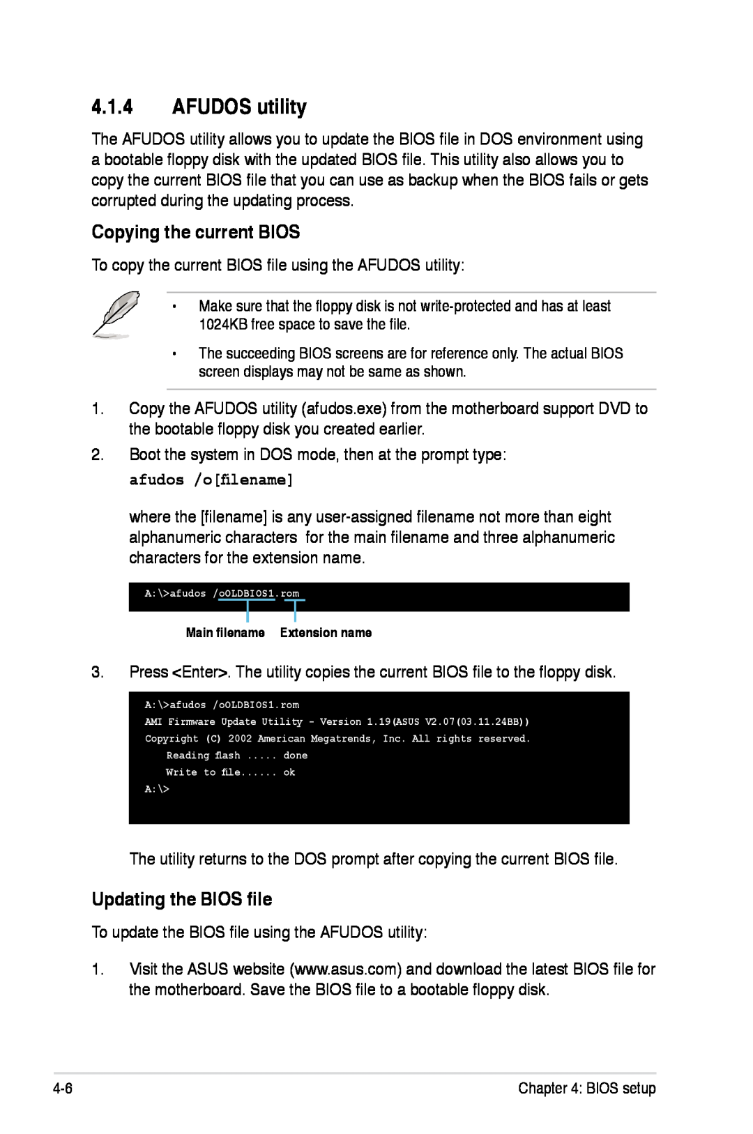 Asus Z7S WS manual AFUDOS utility, Copying the current BIOS, Updating the BIOS file 