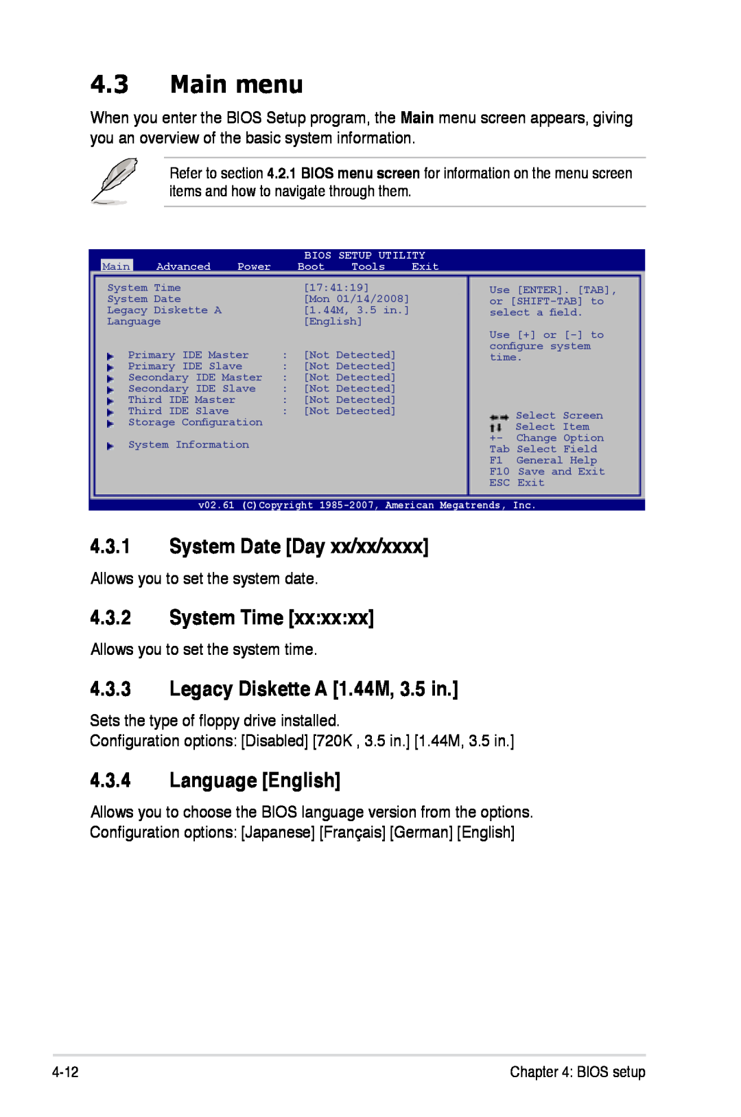 Asus Z7S WS manual Main menu, System Date Day xx/xx/xxxx, System Time, Legacy Diskette A 1.44M, 3.5 in, Language English 