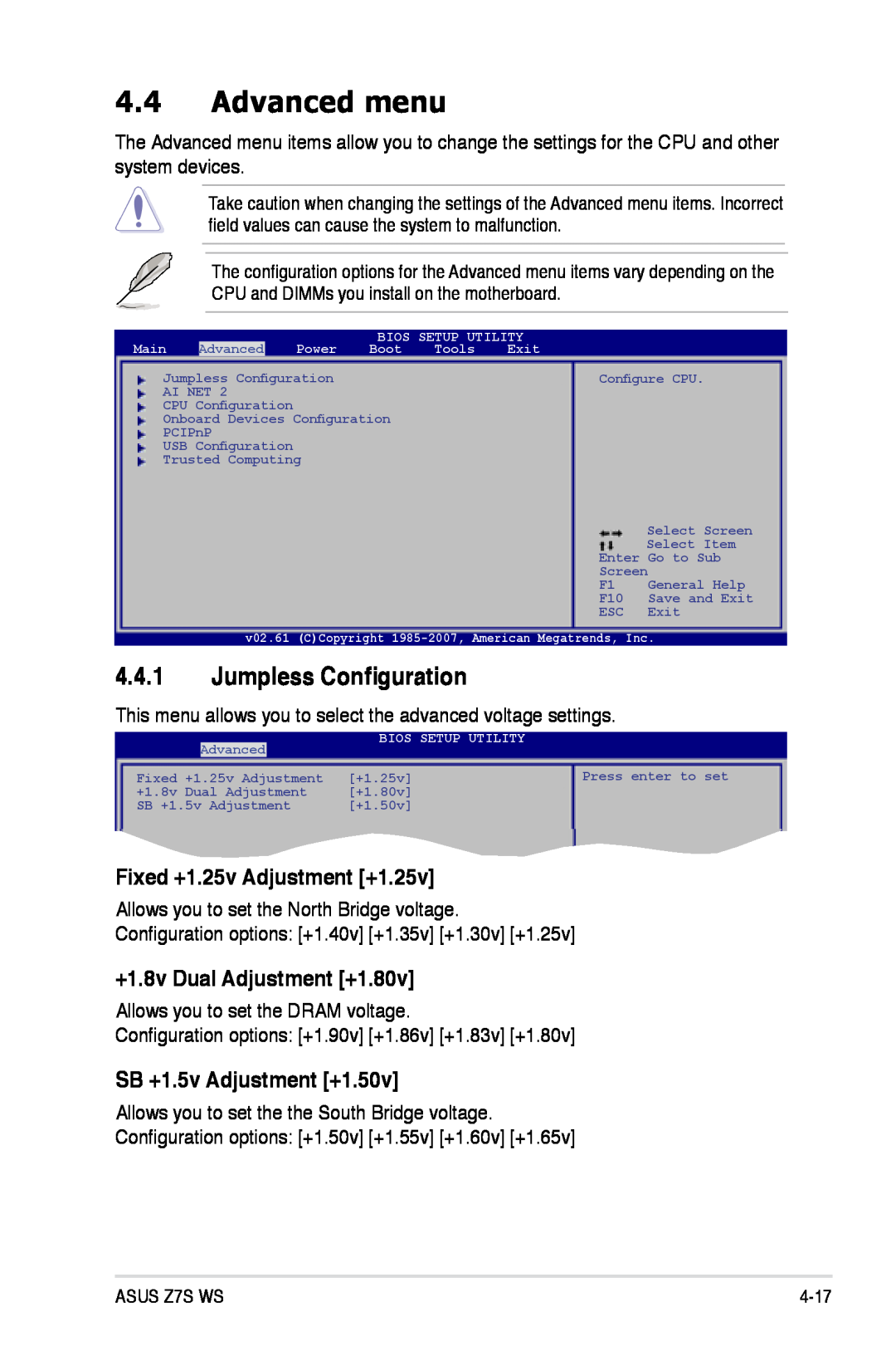 Asus Z7S WS manual Advanced menu, Jumpless Configuration, Fixed +1.25v Adjustment +1.25v, +1.8v Dual Adjustment +1.80v 