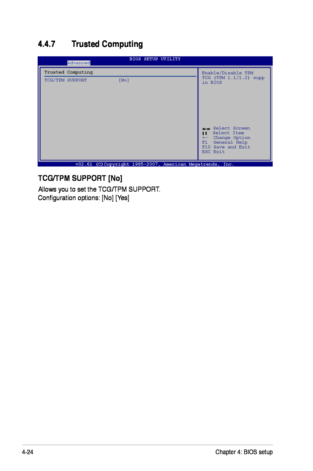 Asus Z7S WS manual Trusted Computing, TCG/TPM SUPPORT No, 4-24, BIOS setup, Advanced, TCG TPM 1.1/1.2 supp 