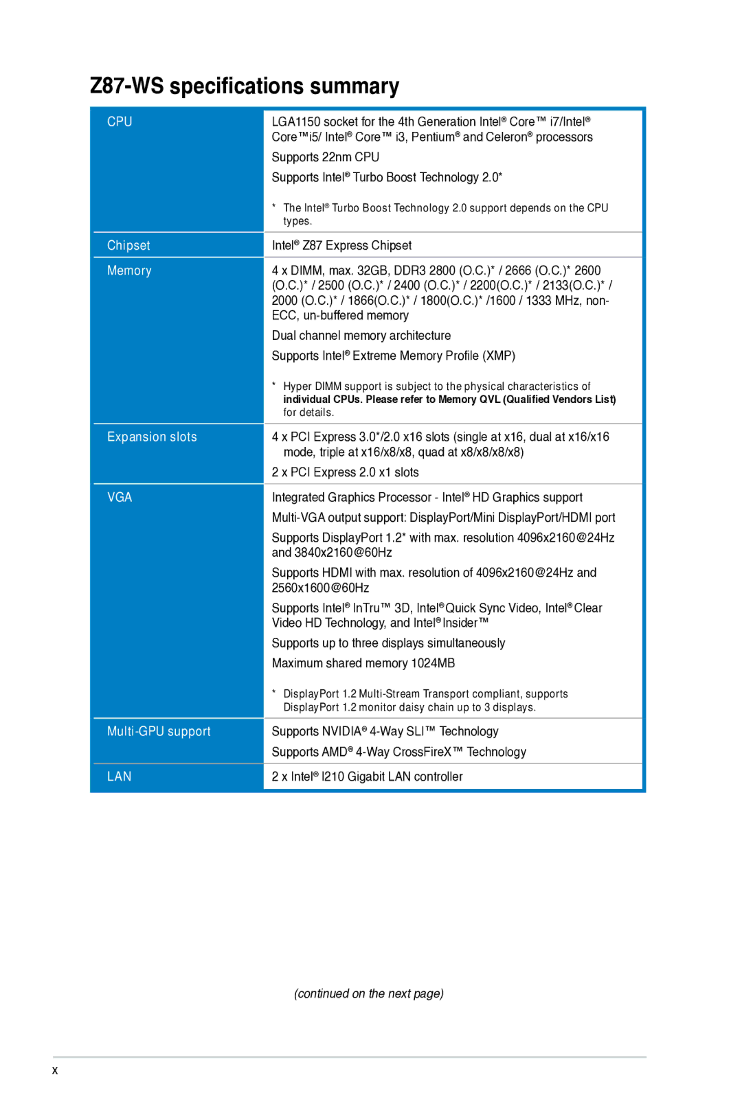 Asus Z87WS, Z87C, 90SB0390M0AAY0 manual Z87-WS specifications summary, Vga 