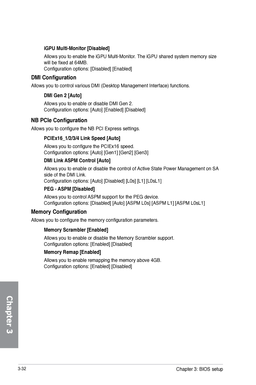 Asus Z87-WS, Z87WS, Z87C, 90SB0390M0AAY0 manual DMI Configuration, NB PCIe Configuration, Memory Configuration 