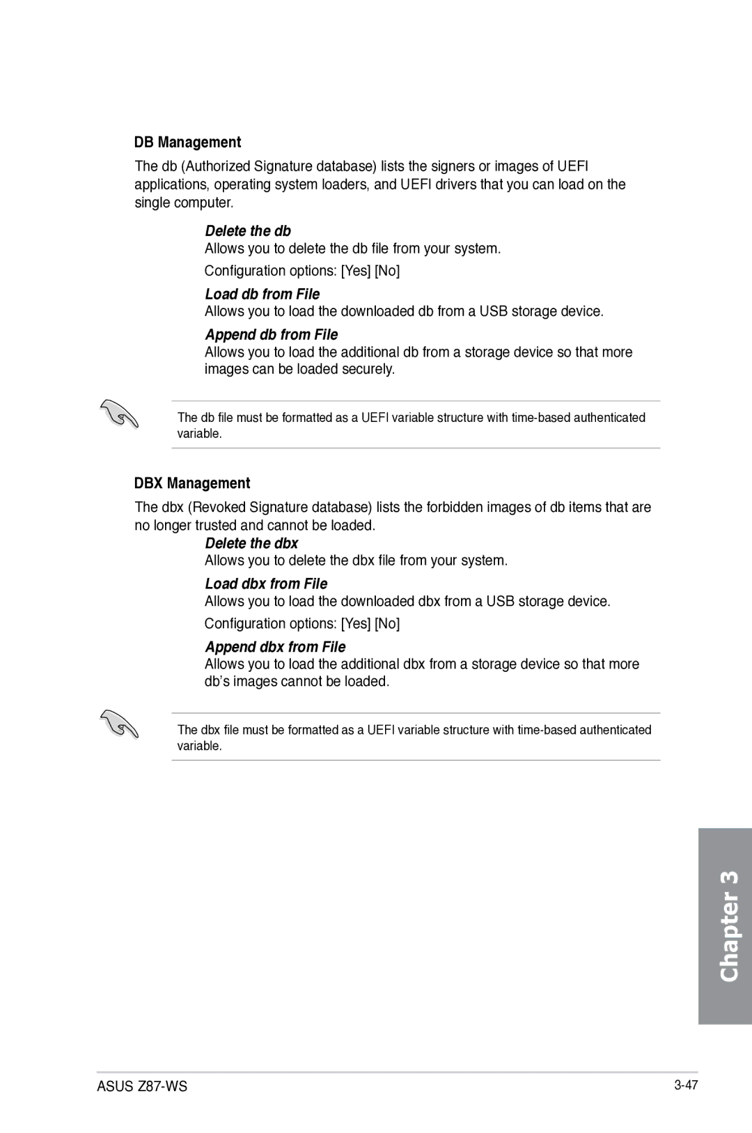 Asus Z87C, Z87WS manual Load db from File, Append db from File, Delete the dbx, Load dbx from File, Append dbx from File 