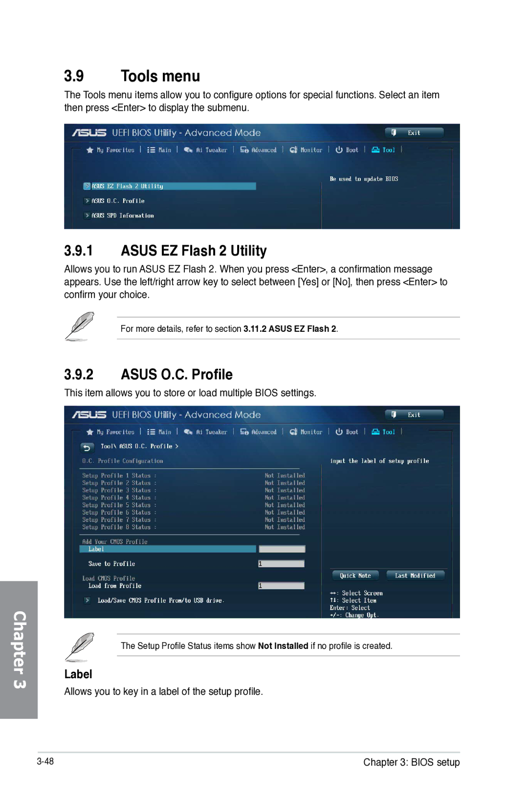 Asus Z87-WS, Z87WS, Z87C, 90SB0390M0AAY0 manual Tools menu, Asus EZ Flash 2 Utility, Asus O.C. Profile, Label 