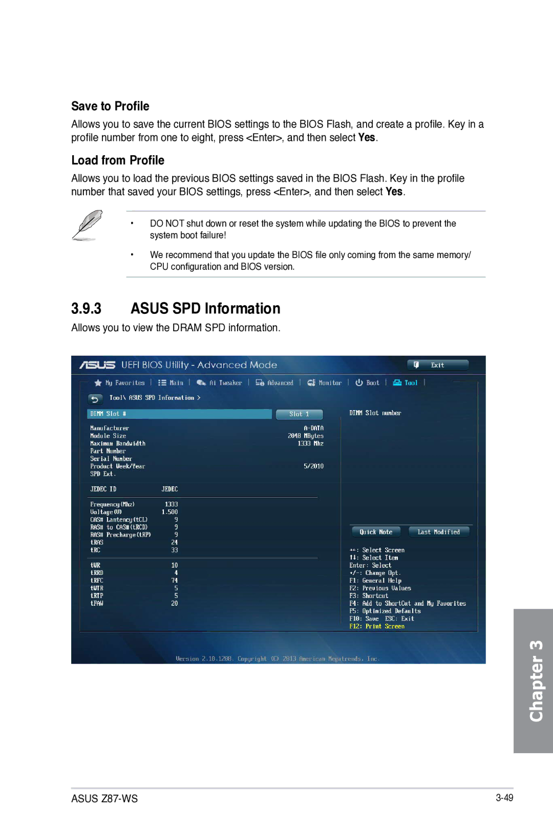 Asus 90SB0390M0AAY0, Z87WS, Z87C, Z87-WS manual Asus SPD Information, Save to Profile, Load from Profile 
