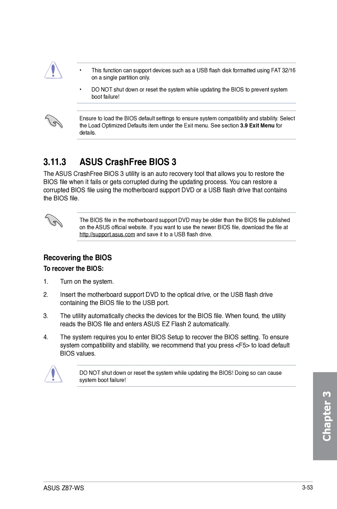 Asus 90SB0390M0AAY0, Z87WS, Z87C, Z87-WS manual Asus CrashFree Bios, Recovering the Bios, To recover the Bios 