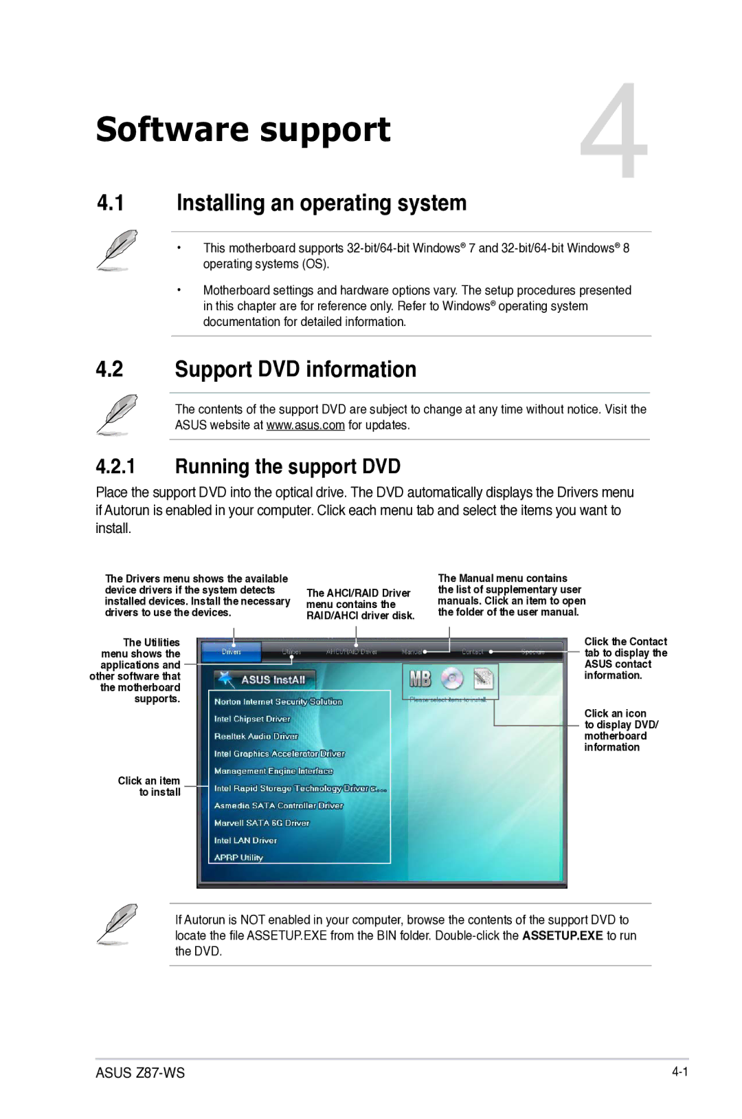 Asus 90SB0390M0AAY0, Z87WS, Z87C, Z87-WS Installing an operating system, Support DVD information, Running the support DVD 