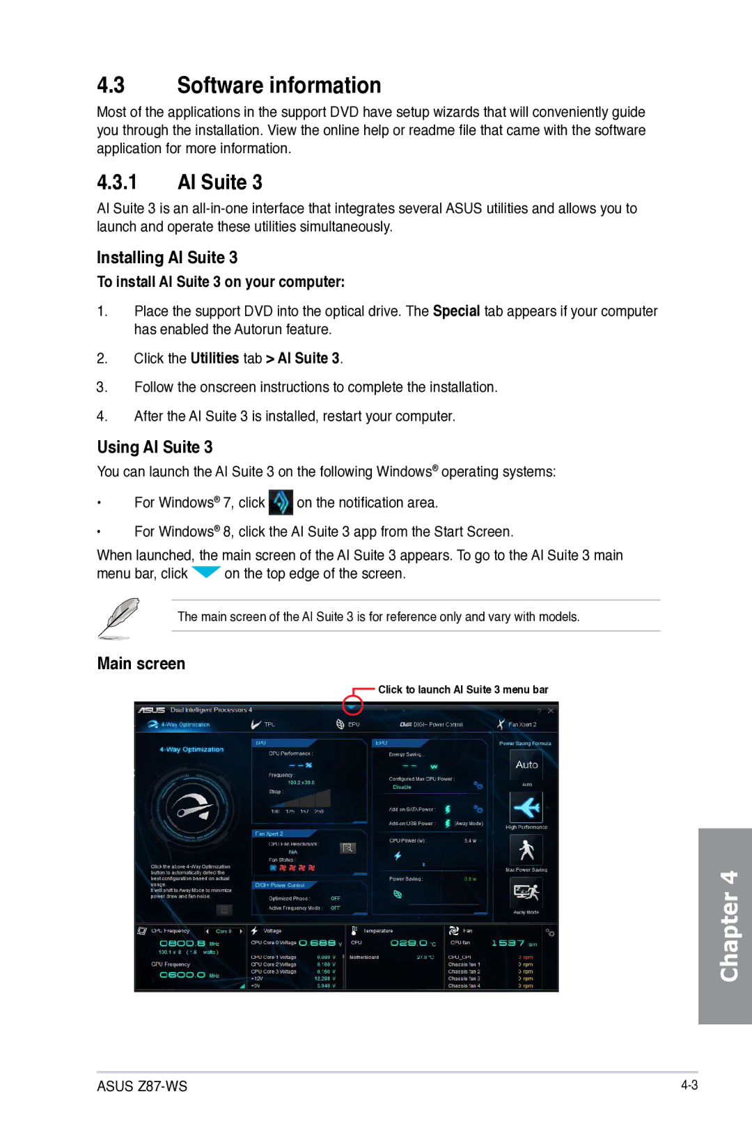 Asus Z87C, Z87WS, Z87-WS, 90SB0390M0AAY0 manual Software information, Installing AI Suite, Using AI Suite, Main screen 