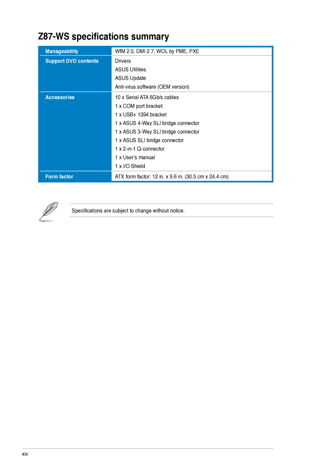 Asus Z87-WS, Z87WS, Z87C, 90SB0390M0AAY0 manual Manageability Support DVD contents Accessories Form factor 