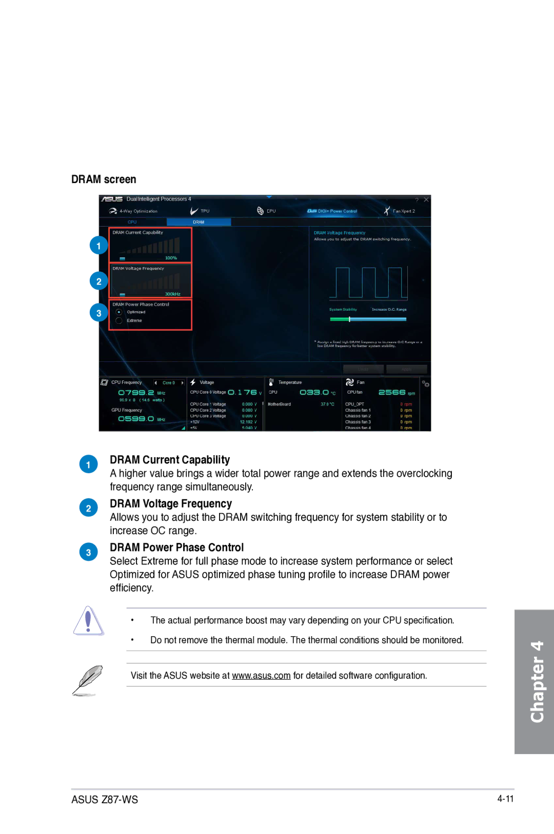 Asus Z87C, Z87WS, Z87-WS manual Dram screen Dram Current Capability, Dram Voltage Frequency, Dram Power Phase Control 
