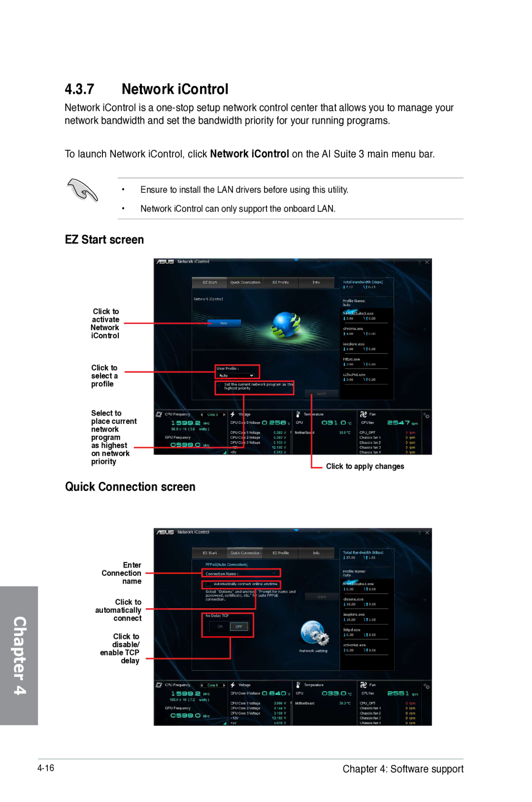 Asus Z87-WS, Z87WS, Z87C, 90SB0390M0AAY0 manual Network iControl, EZ Start screen, Quick Connection screen 