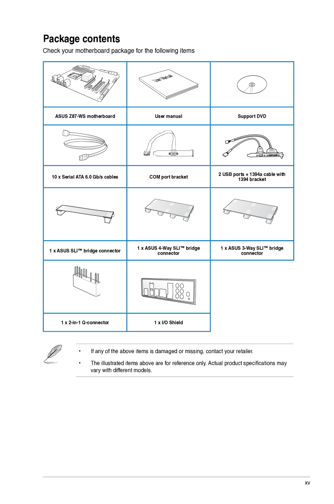 Asus 90SB0390M0AAY0, Z87WS, Z87C, Z87-WS manual Package contents 