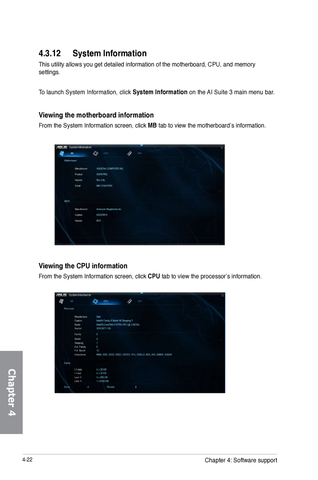 Asus Z87WS, Z87C, Z87-WS manual System Information, Viewing the motherboard information, Viewing the CPU information 