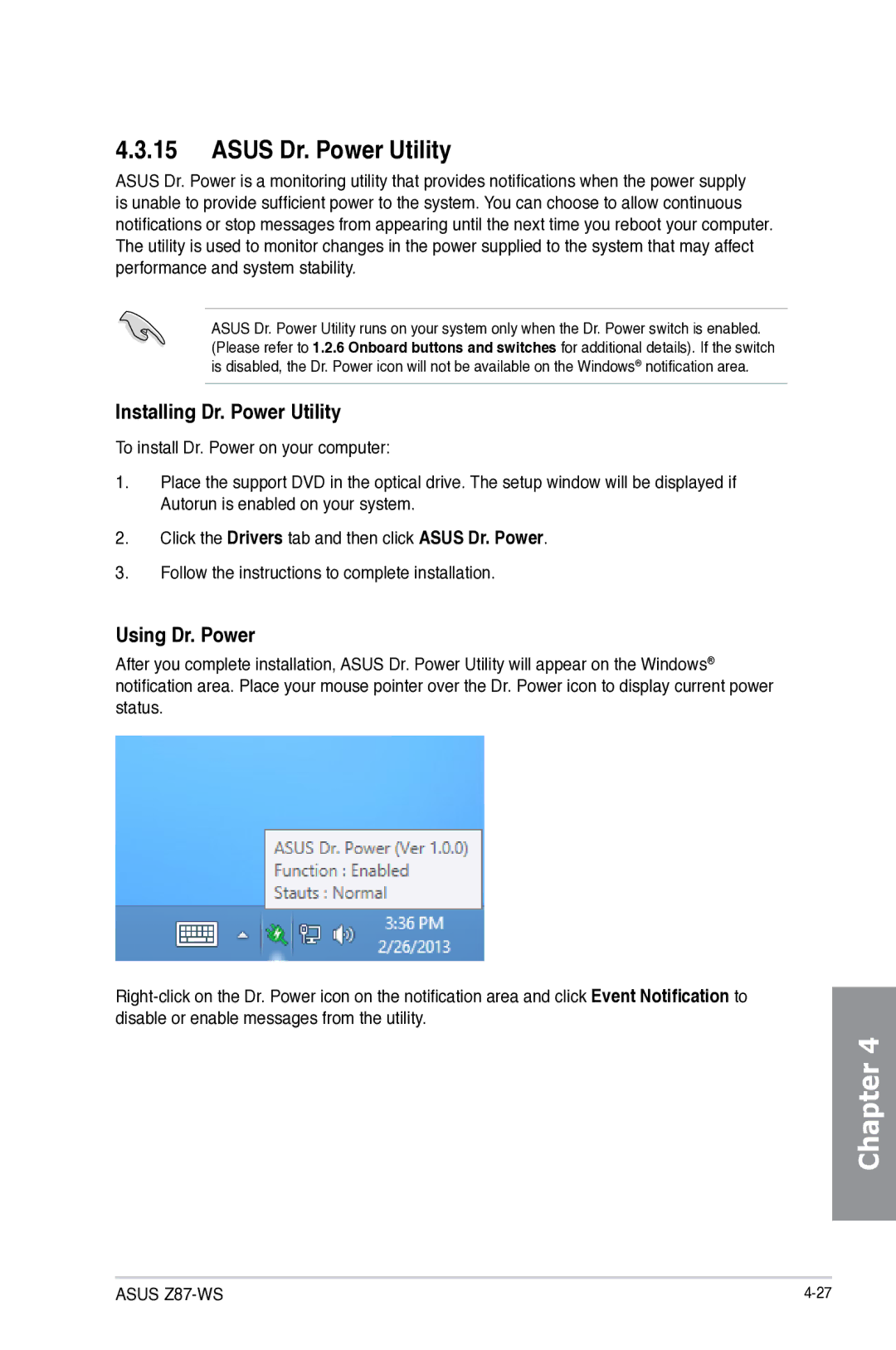 Asus Z87C, Z87WS, Z87-WS, 90SB0390M0AAY0 manual Asus Dr. Power Utility, Installing Dr. Power Utility, Using Dr. Power 