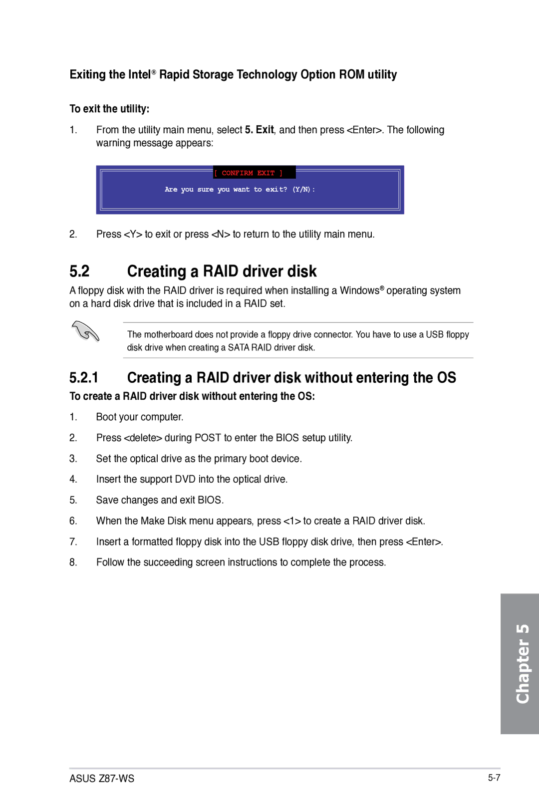 Asus Z87C, Z87WS, Z87-WS, 90SB0390M0AAY0 manual Creating a RAID driver disk without entering the OS, To exit the utility 