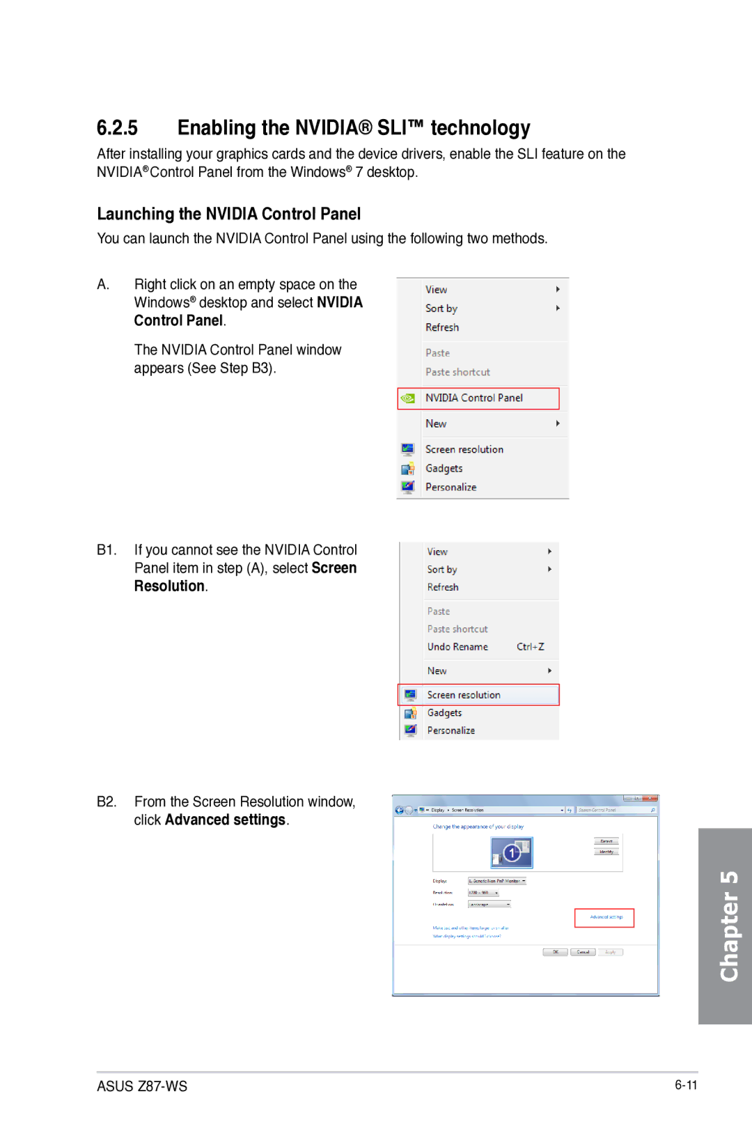 Asus Z87C, Z87WS, Z87-WS, 90SB0390M0AAY0 Enabling the Nvidia SLI technology, Launching the Nvidia Control Panel, Resolution 