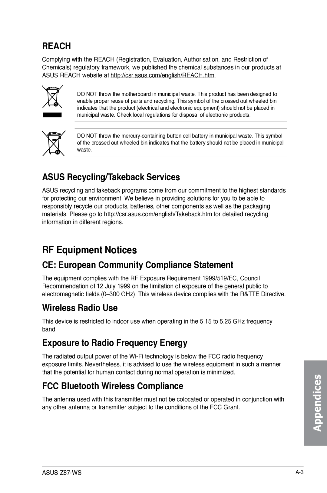 Asus 90SB0390M0AAY0, Z87WS, Z87C, Z87-WS manual RF Equipment Notices 