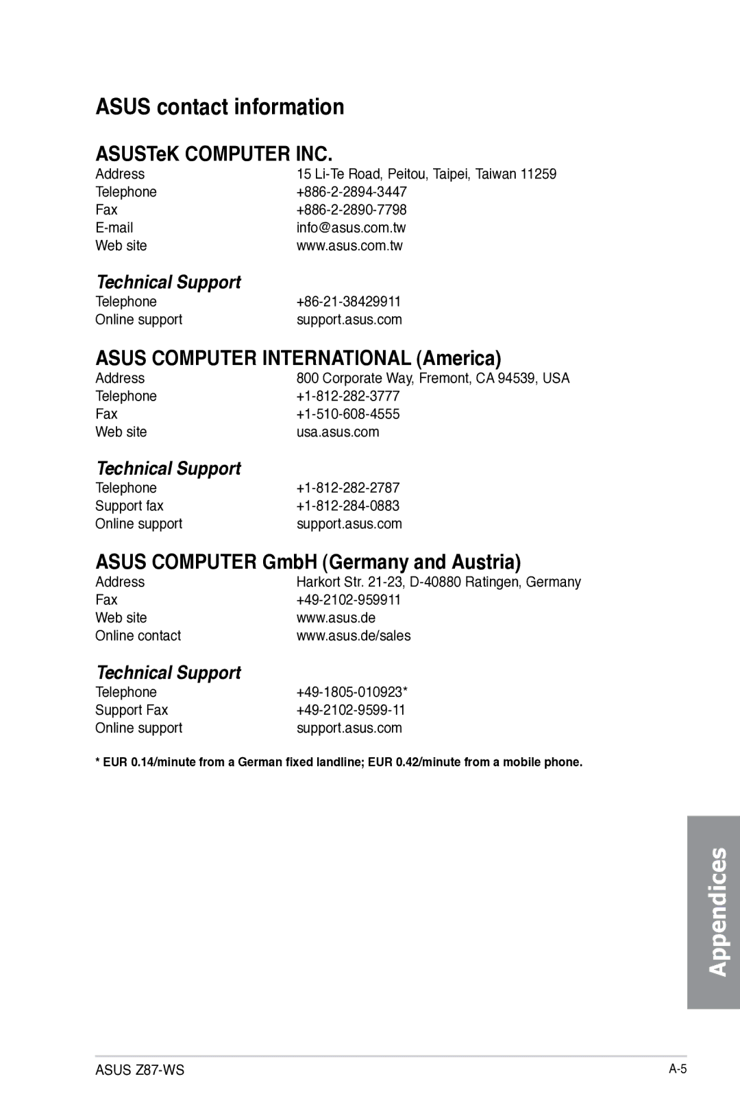 Asus Z87C, Z87WS, Z87-WS, 90SB0390M0AAY0 Asus contact information, ASUSTeK Computer INC, Asus Computer International America 