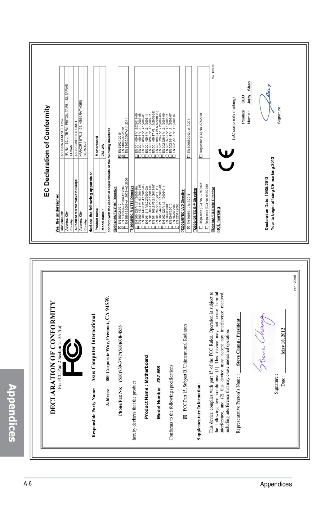 Asus Z87-WS, Z87WS, Z87C, 90SB0390M0AAY0 manual Declaration of Conformity 