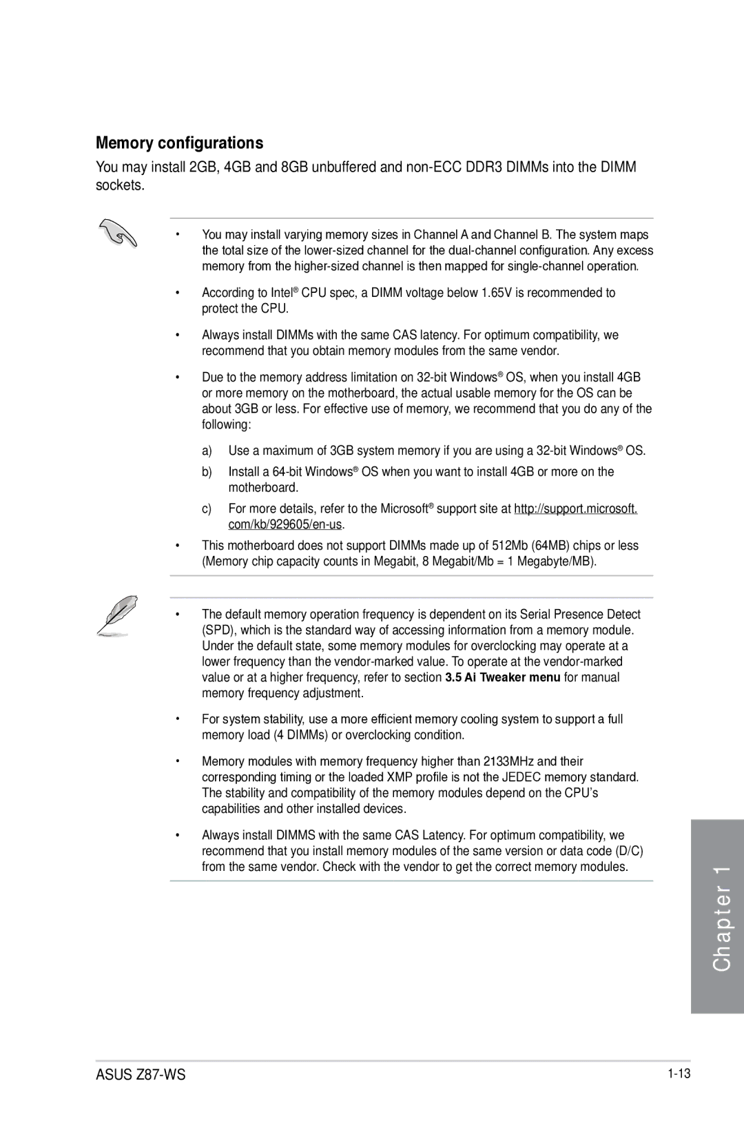 Asus Z87C, Z87WS, Z87-WS, 90SB0390M0AAY0 manual Memory configurations 