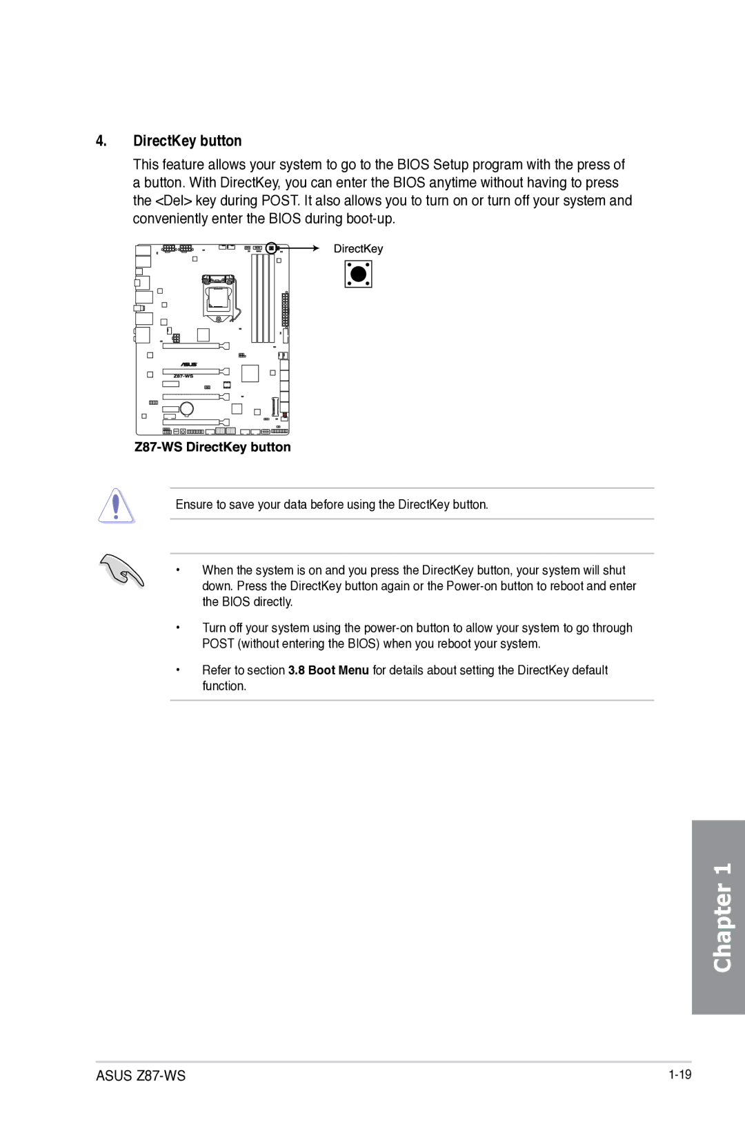 Asus 90SB0390M0AAY0, Z87WS, Z87C, Z87-WS manual DirectKey button 