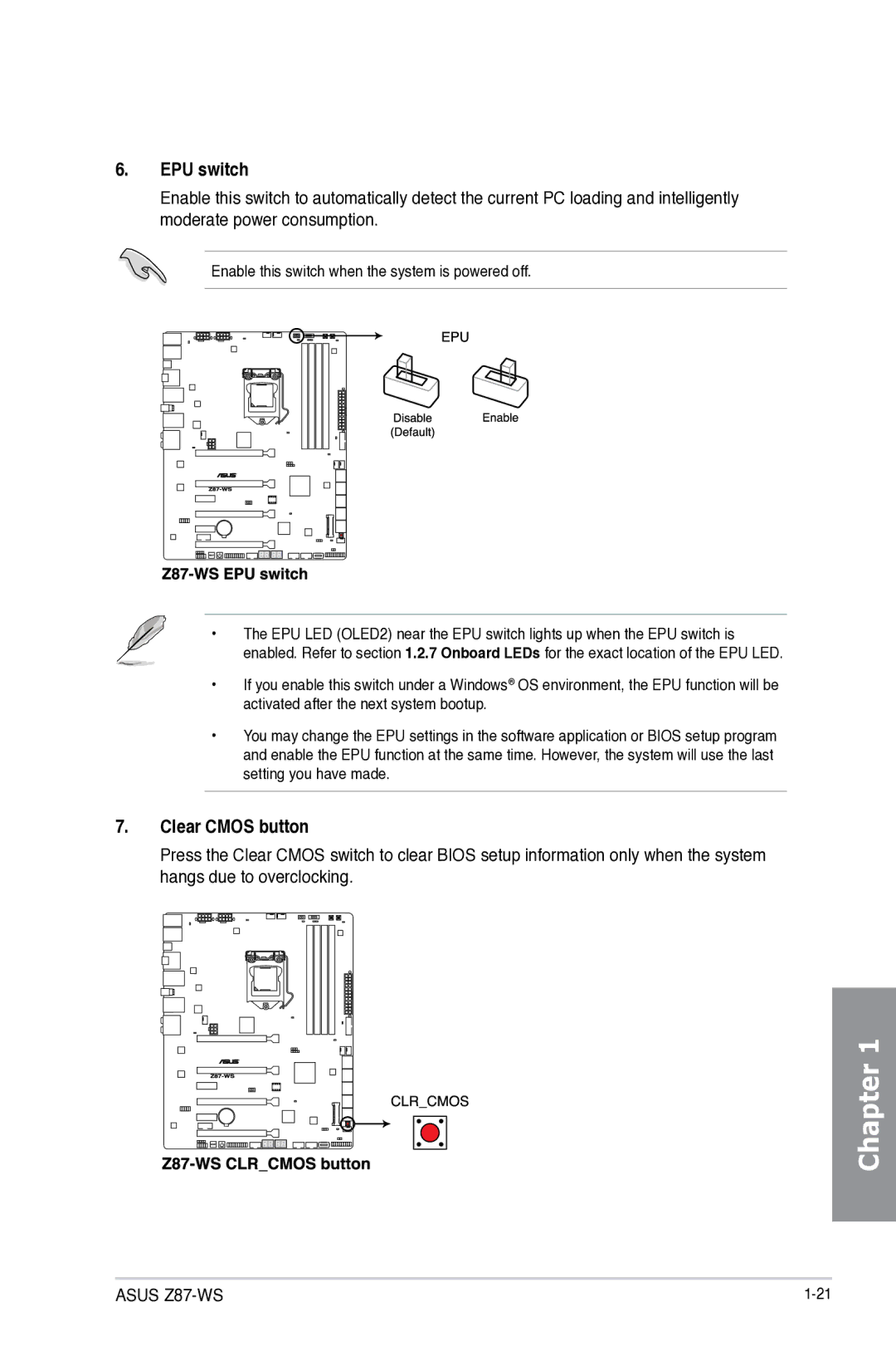 Asus Z87C, Z87WS, Z87-WS, 90SB0390M0AAY0 manual EPU switch, Clear Cmos button 