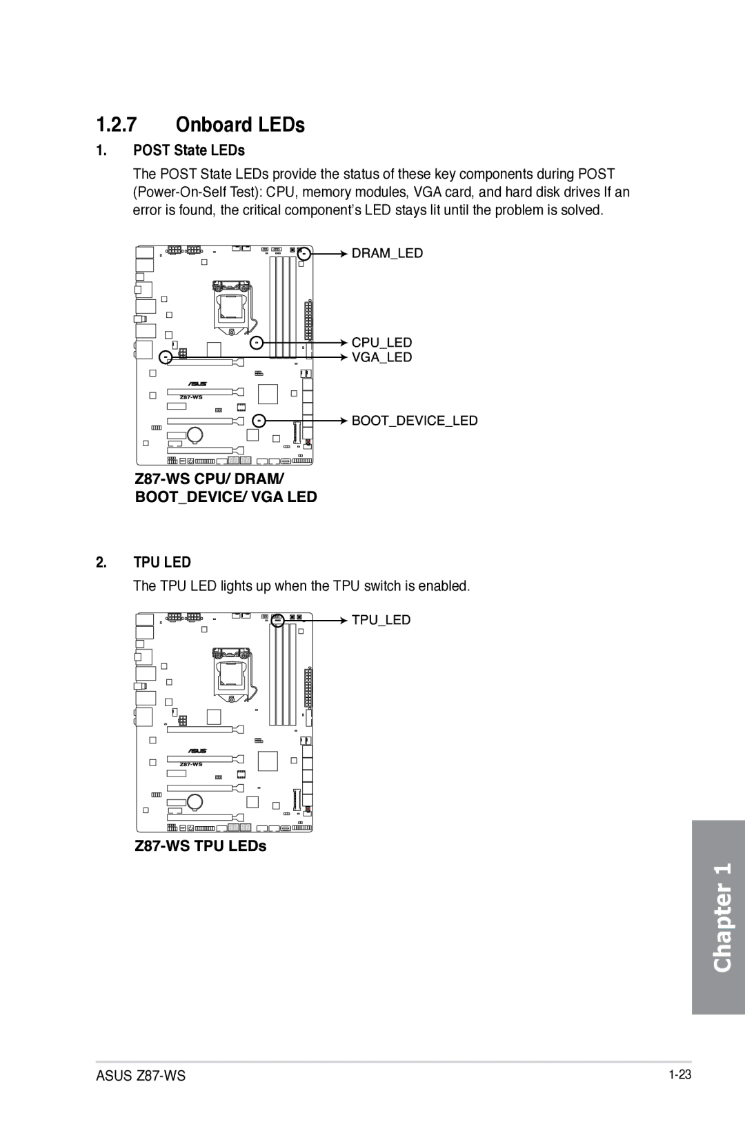 Asus 90SB0390M0AAY0, Z87WS, Z87C, Z87-WS manual Onboard LEDs, Post State LEDs 