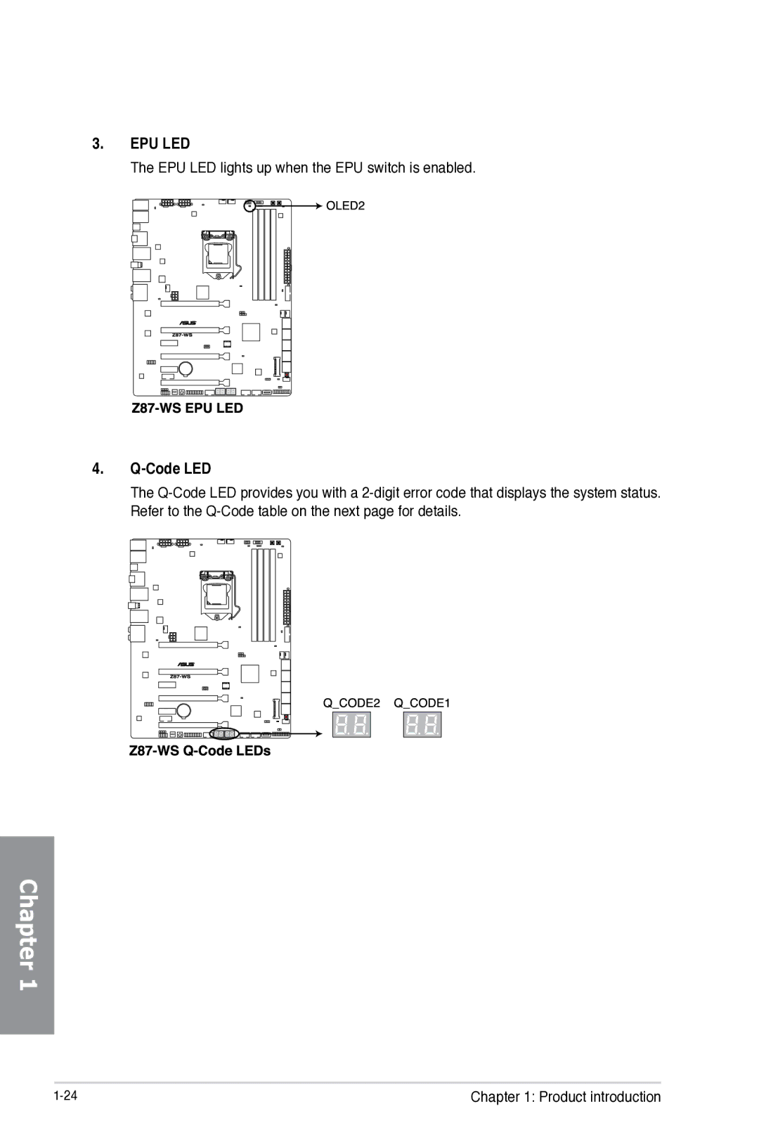 Asus Z87WS, Z87C, Z87-WS, 90SB0390M0AAY0 manual Epu Led, Code LED 