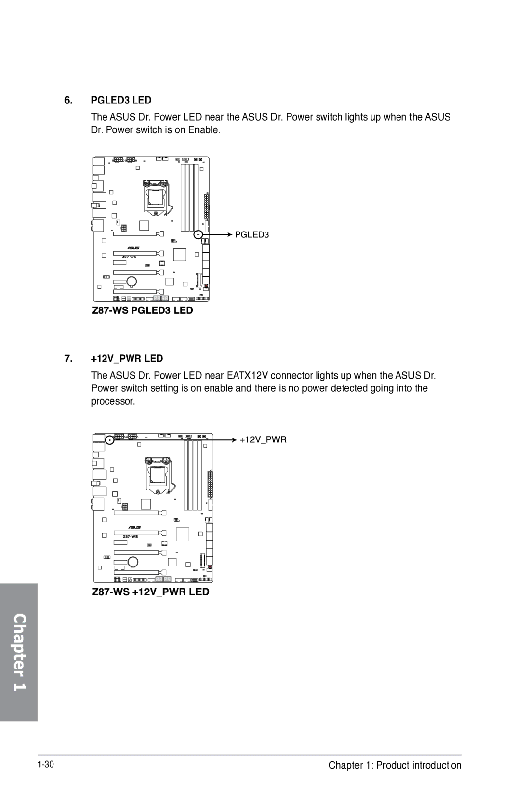 Asus Z87-WS, Z87WS, Z87C, 90SB0390M0AAY0 manual PGLED3 LED, +12VPWR LED 