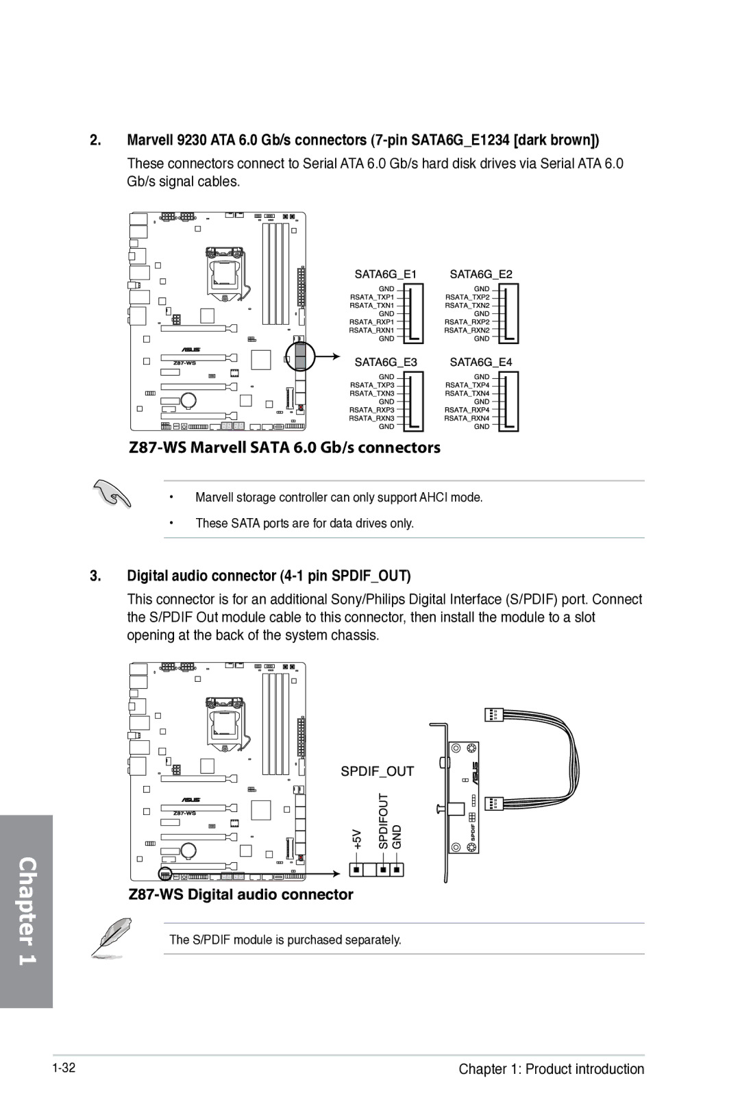 Asus Z87WS, Z87C, 90SB0390M0AAY0 manual Z87-WS Marvell Sata 6.0 Gb/s connectors, Digital audio connector 4-1 pin Spdifout 