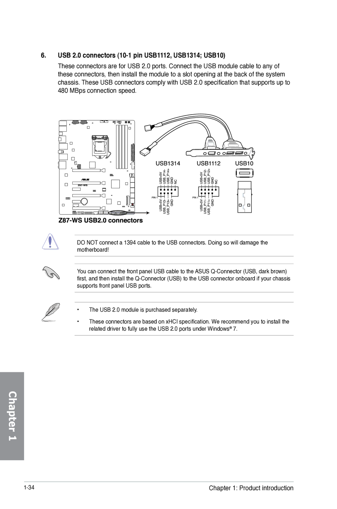 Asus Z87-WS, Z87WS, Z87C, 90SB0390M0AAY0 manual USB 2.0 connectors 10-1 pin USB1112, USB1314 USB10, MBps connection speed 