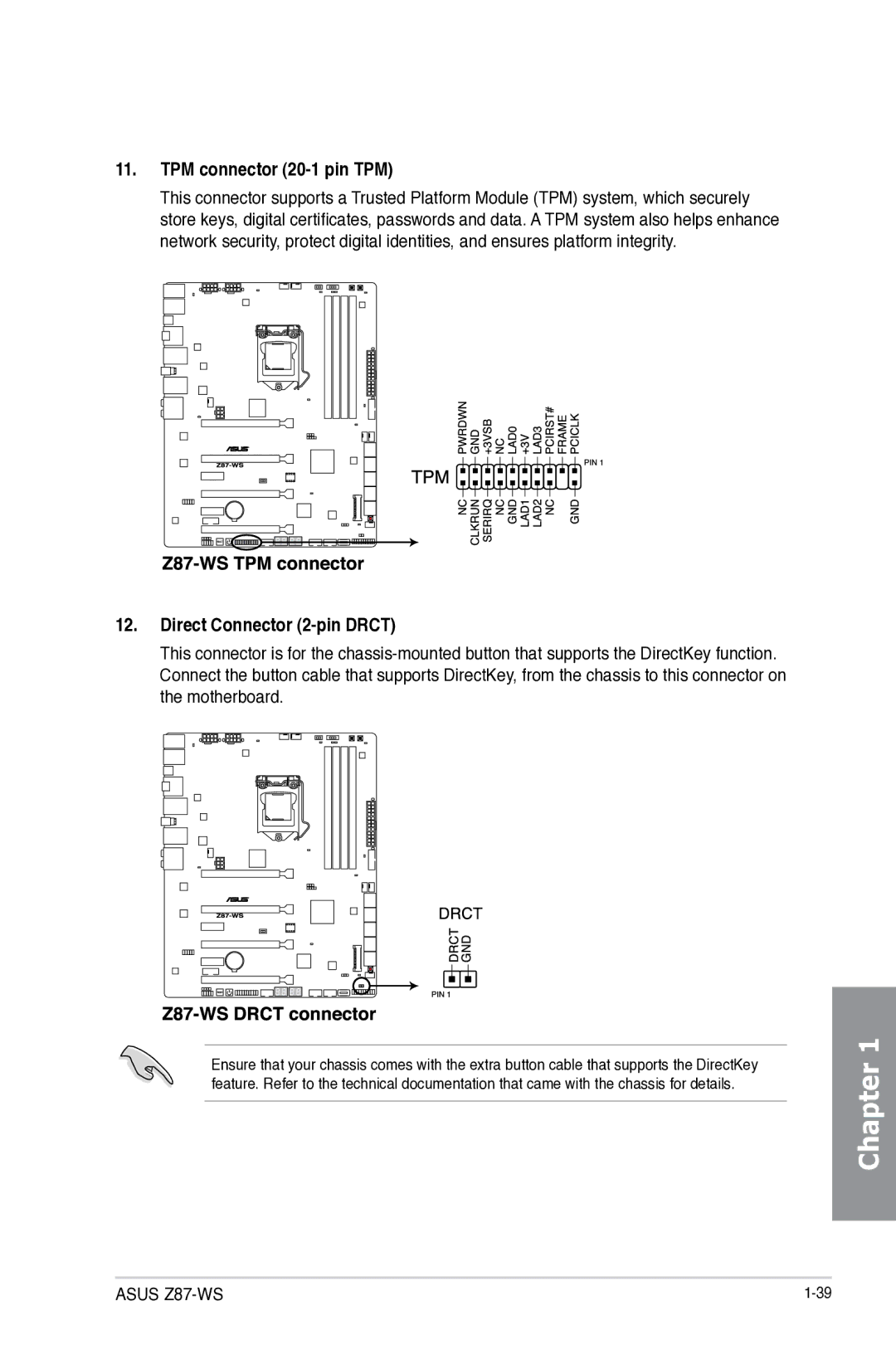 Asus 90SB0390M0AAY0, Z87WS, Z87C, Z87-WS manual TPM connector 20-1 pin TPM, Direct Connector 2-pin Drct 