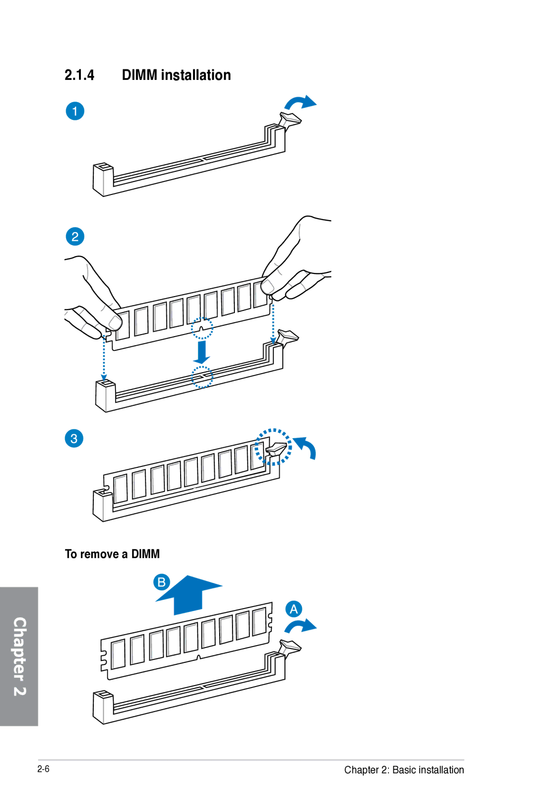 Asus Z87-WS, Z87WS, Z87C, 90SB0390M0AAY0 manual Dimm installation, To remove a Dimm 