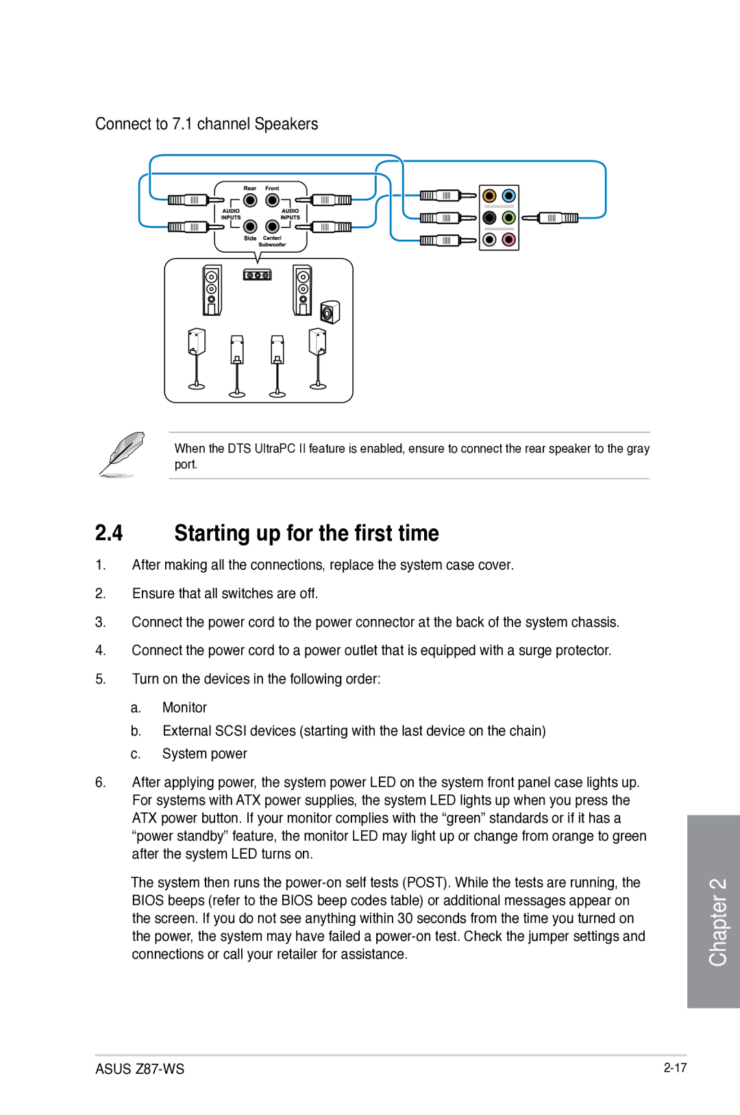 Asus Z87C, Z87WS, Z87-WS, 90SB0390M0AAY0 manual Starting up for the first time, Connect to 7.1 channel Speakers 