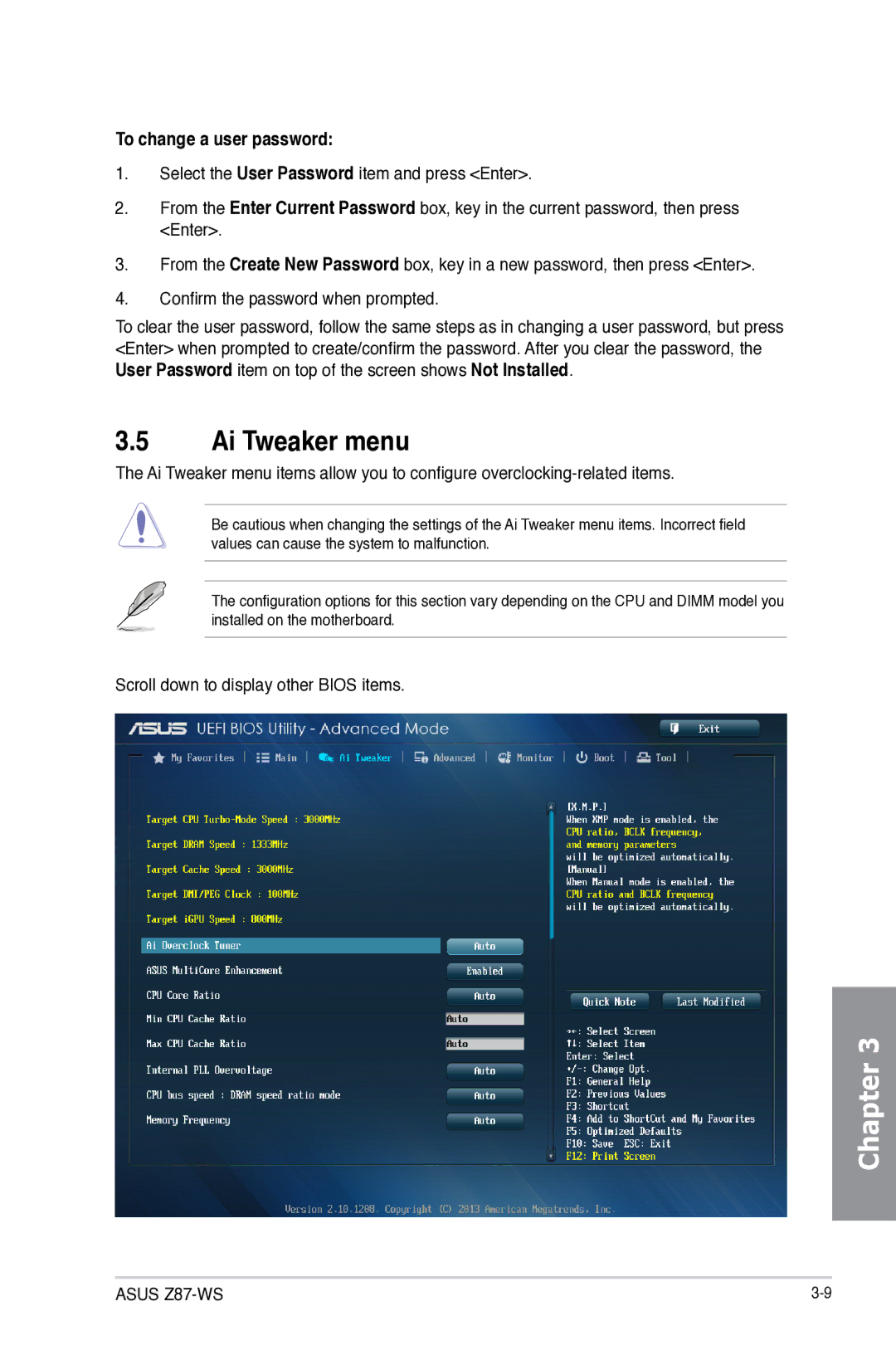 Asus 90SB0390M0AAY0, Z87WS, Z87C, Z87-WS manual Ai Tweaker menu, To change a user password 