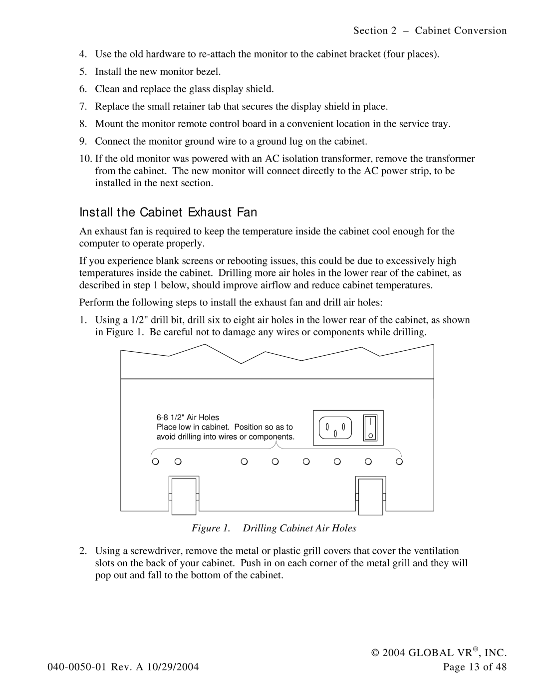 Atari 040-0050-01 manual Install the Cabinet Exhaust Fan, Drilling Cabinet Air Holes 