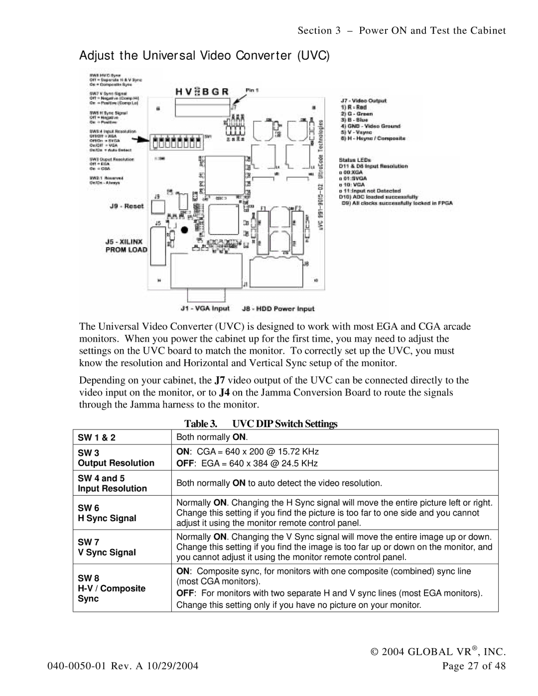 Atari 040-0050-01 manual Adjust the Universal Video Converter UVC, UVC DIP Switch Settings 