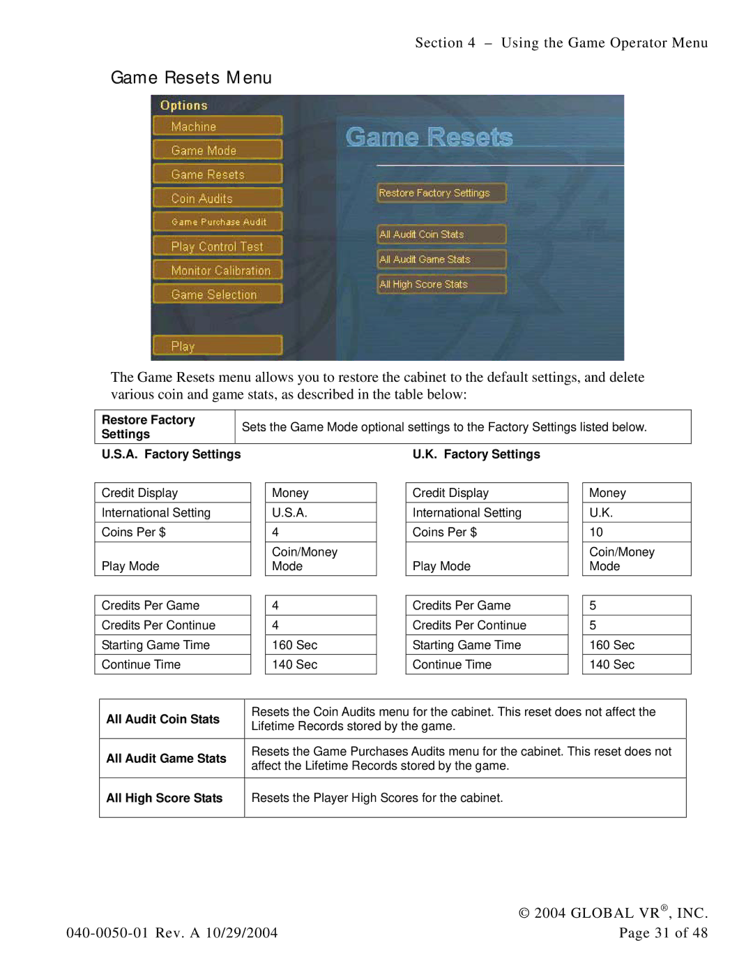 Atari 040-0050-01 manual Game Resets Menu, All Audit Coin Stats, All Audit Game Stats, All High Score Stats 