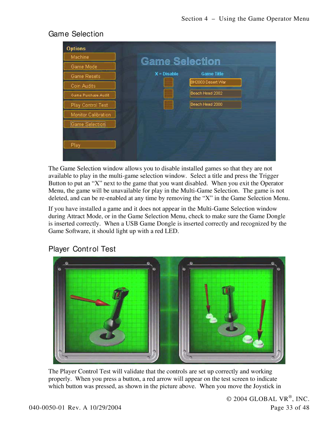 Atari 040-0050-01 manual Game Selection, Player Control Test 