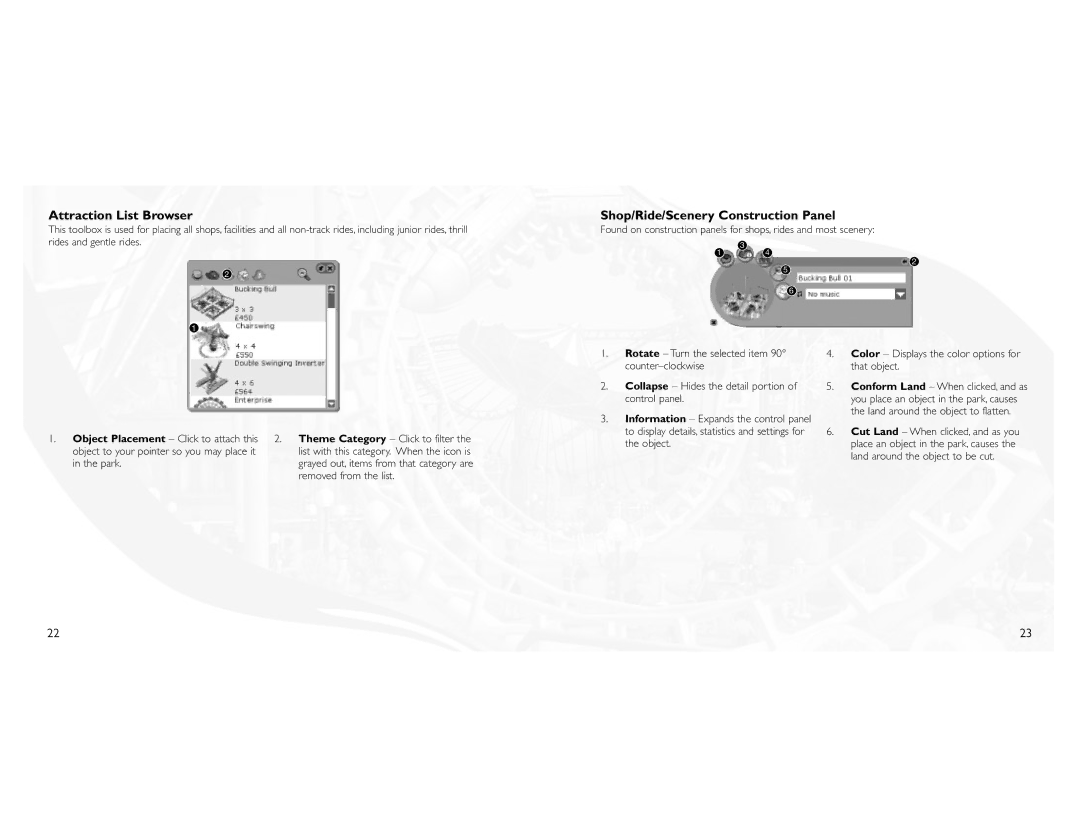 Atari 3 manual Attraction List Browser, Shop/Ride/Scenery Construction Panel 