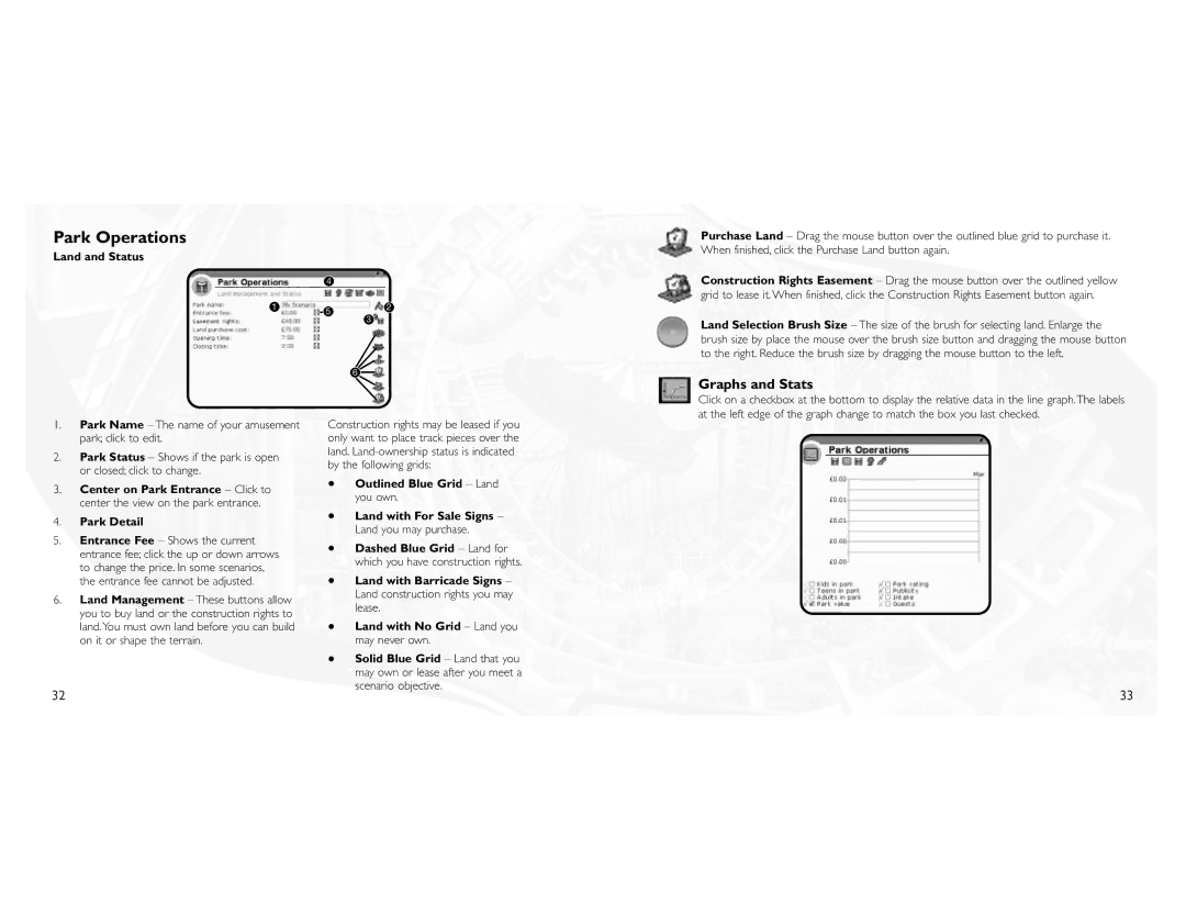 Atari 3 manual Park Operations, Graphs and Stats, Land and Status, Park Detail 