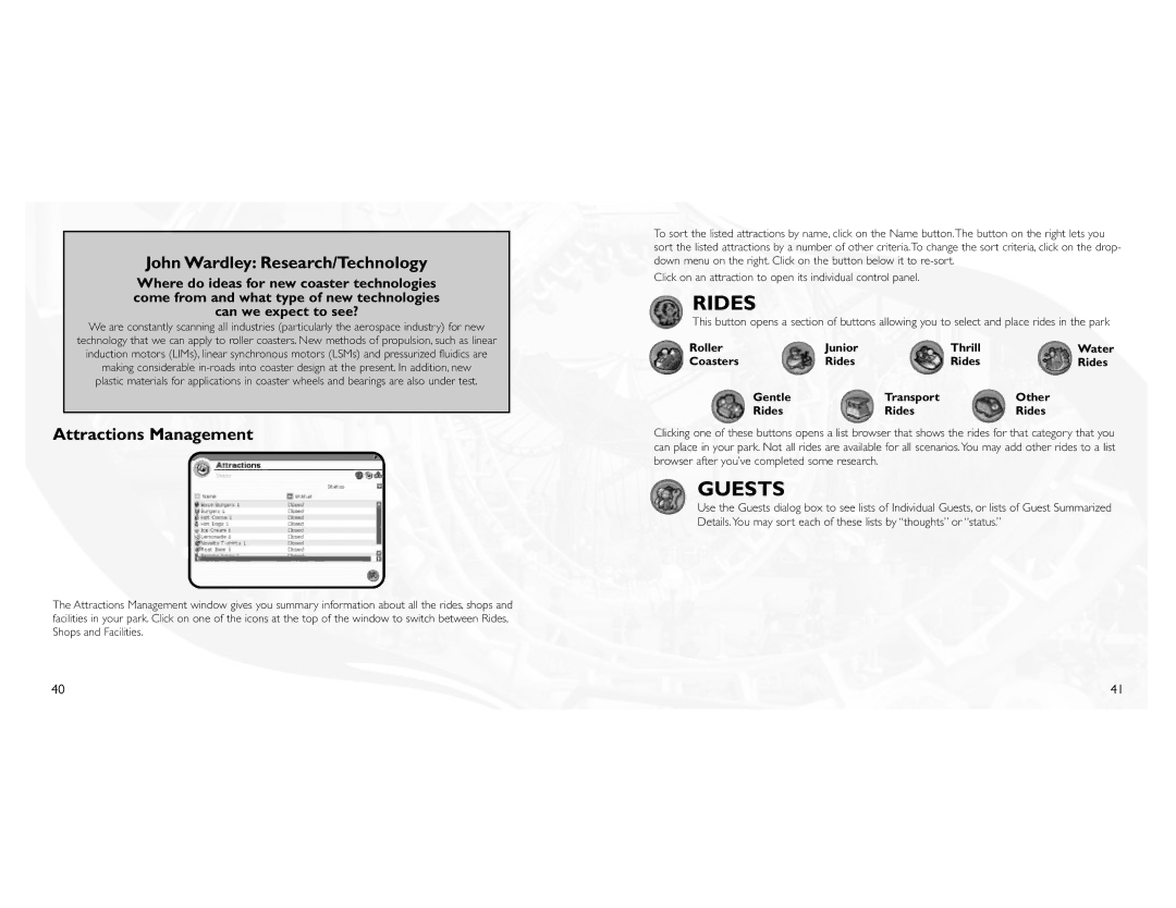 Atari 3 manual Rides, Guests, John Wardley Research/Technology, Attractions Management 