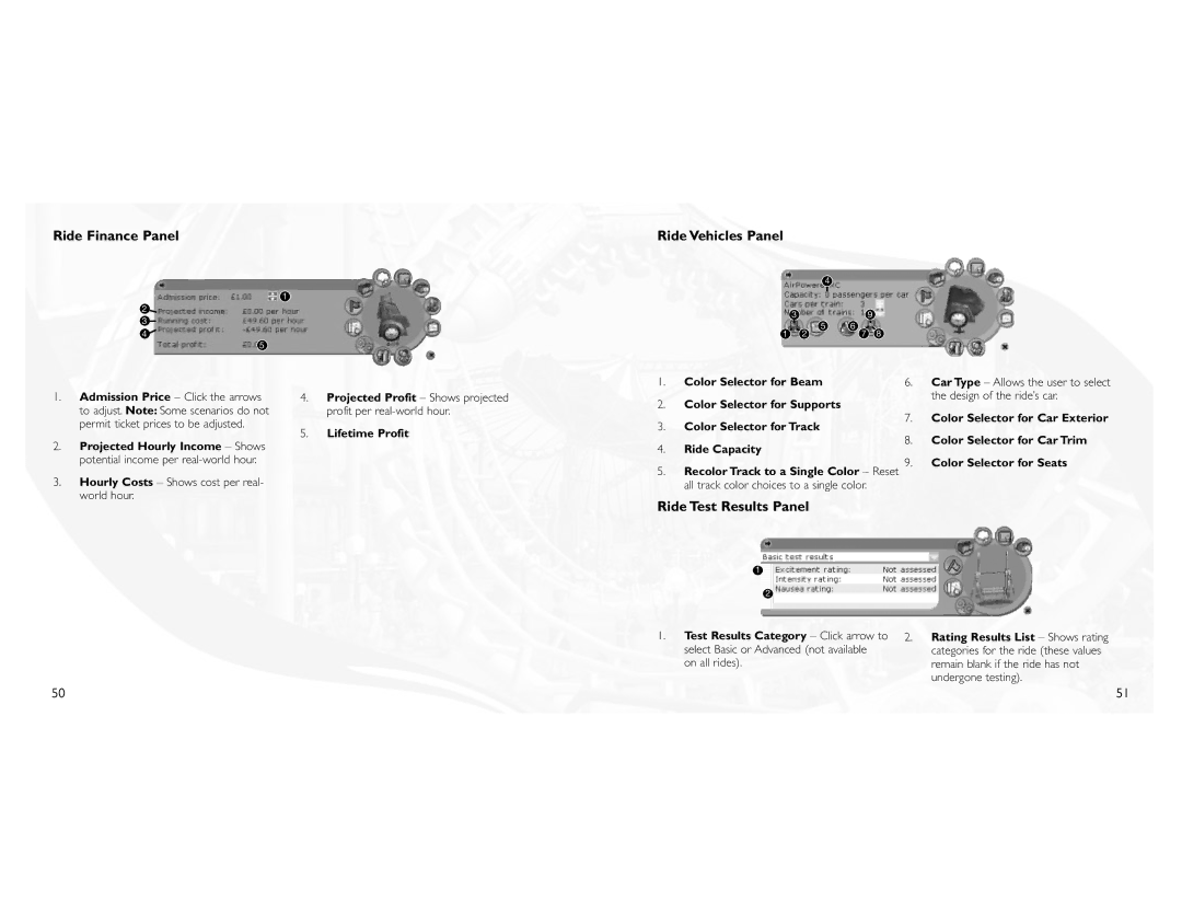 Atari 3 manual Ride Finance Panel Ride Vehicles Panel, Ride Test Results Panel, Lifetime Profit Color Selector for Beam 