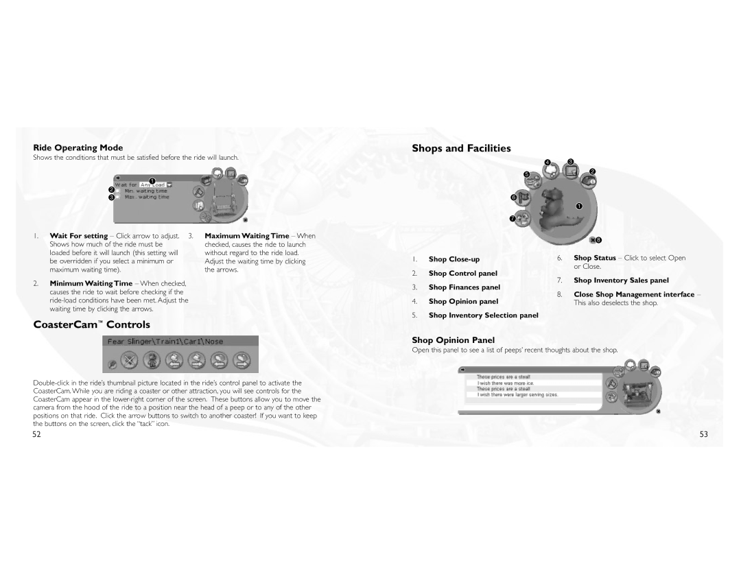 Atari 3 Shops and Facilities, CoasterCam Controls, Ride Operating Mode, Shop Opinion Panel, Shop Inventory Sales panel 