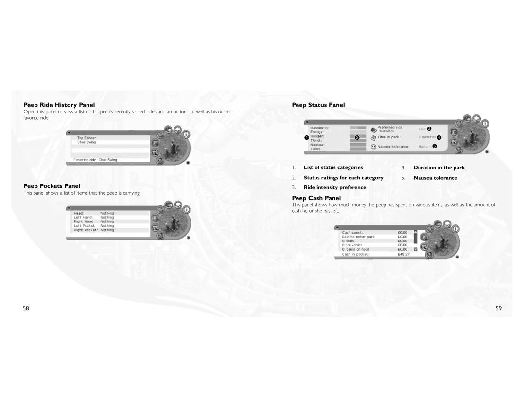 Atari 3 manual Peep Ride History Panel, Peep Pockets Panel, Peep Status Panel, Peep Cash Panel, Ride intensity preference 