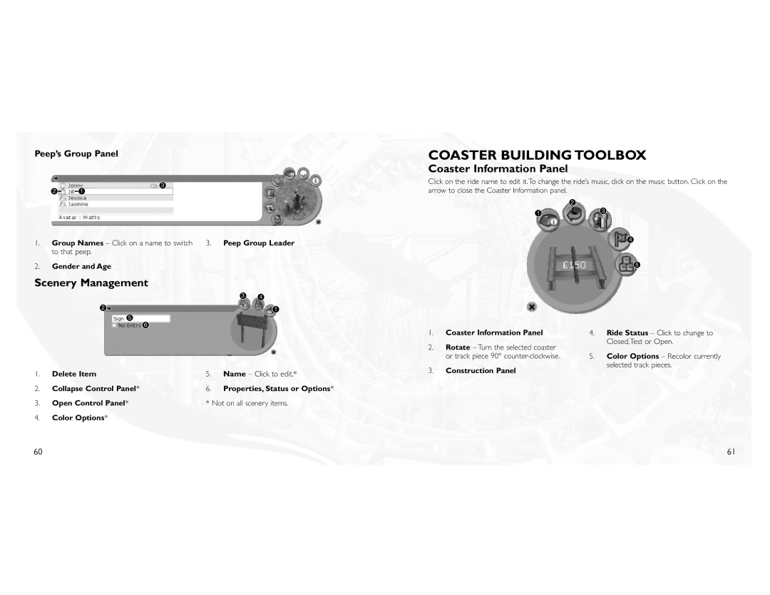Atari 3 manual Coaster Building Toolbox, Coaster Information Panel, Scenery Management, Peep’s Group Panel 