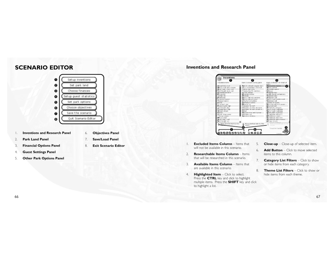 Atari 3 manual Scenario Editor, Inventions and Research Panel, Guest Settings Panel Other Park Options Panel 